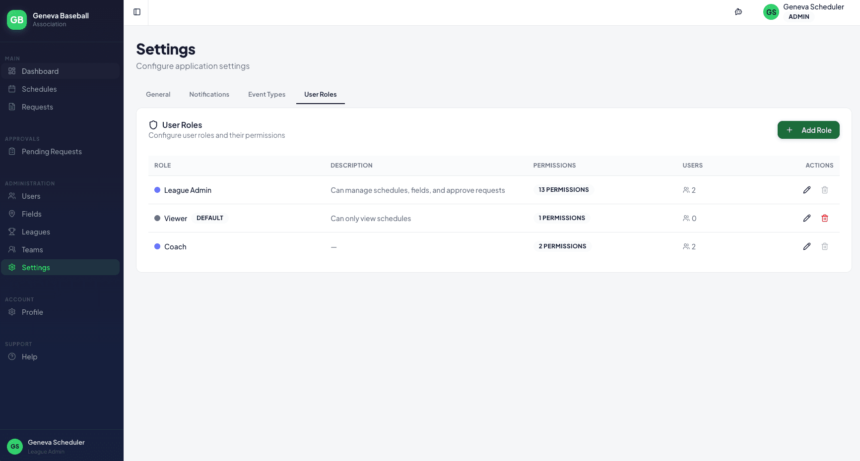 Settings page showing user roles and permissions configuration